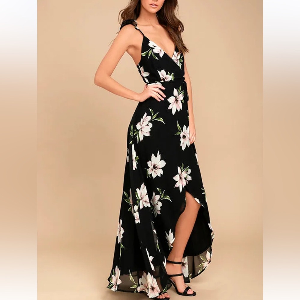 All Mine Black Floral Print High-Low Wrap Dress